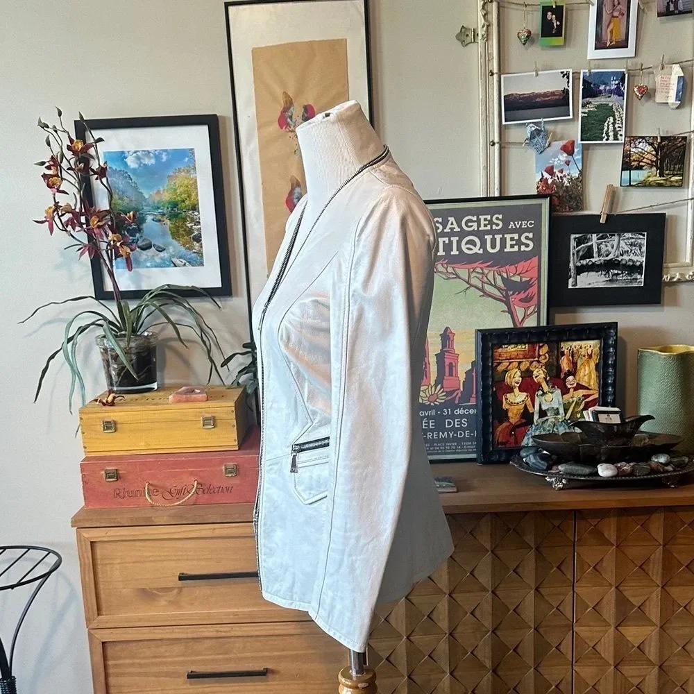 Dawn Levy Cream Pearl Designer Leather Jacket with Black Accents